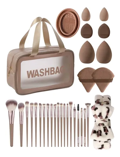 Set Brochas Y Esponjas De Maquillaje Con Cosmetiquera Marrón