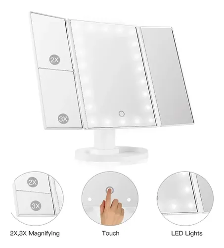 Espejo Led Triple Maquillaje Belleza Con Aumentos 241344 Marco Blanco