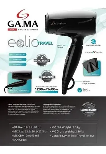 Secador De Pelo Ga.ma Italy Eolic Travel Negro 110v/220v
