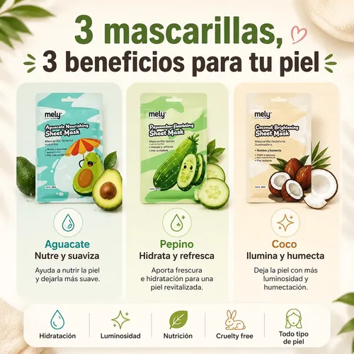 Kit X3 Mascarillas Faciales Mely Surtidas Hidratantes Nutrit