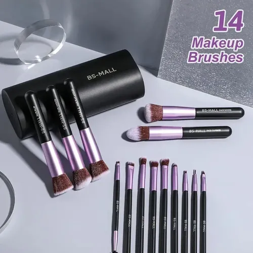 Set De 14 Pinceles Y Brochas Maquillaje Profesional Estuche Color Púrpura