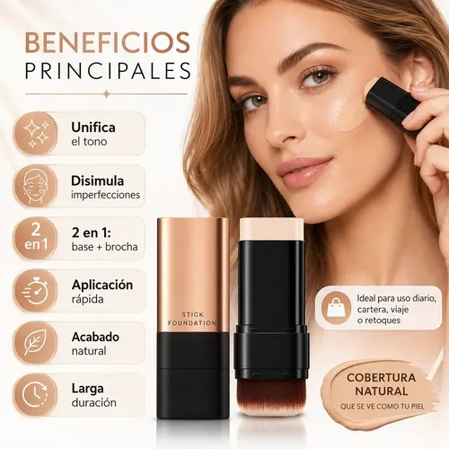 Base Stick Barra Maquillaje Alta Cobertura Con Brocha Natural Beige