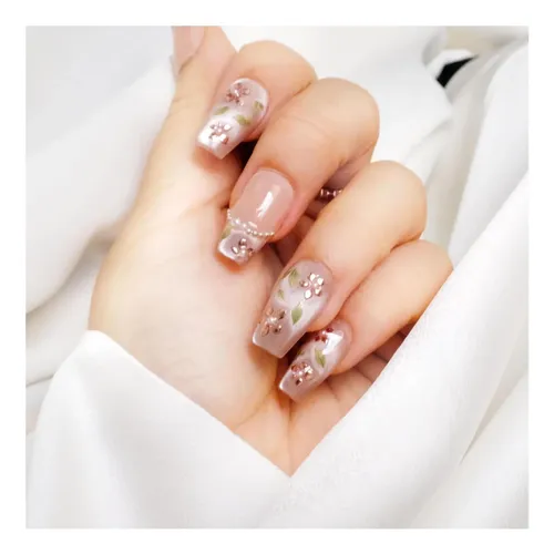 [glors] Uñas Postizas Press On Nude Rosa Con Foil Oro Rosa