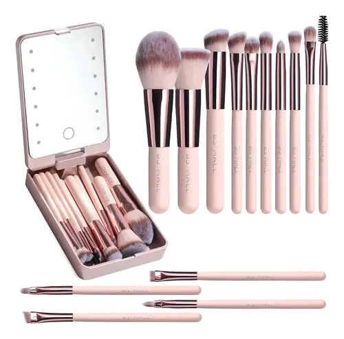 Set De Brochas Maquillaje Bsmall 14 Piezas Con Espejo Led