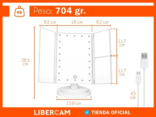 Espejo Maquillaje 22 Led 3 Aumentos Luz Blanca LIBERCAM ESP-50 Usb Bateria Color Blanco