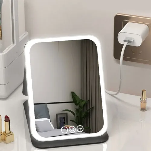 Espejo Maquillaje Led Plegable Luz Fría Cálida Natural Usb Negro