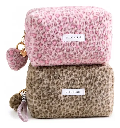 Bolso De Maquillaje Felpa Leopardo Marrón Hexagonal Grande