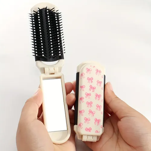 Cepillo Plegable Compacto Con Espejo Rosa