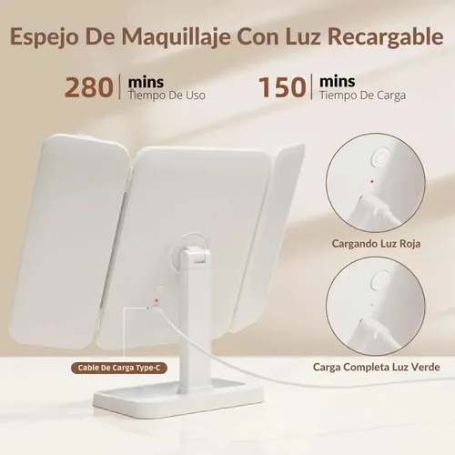 Espejo De Luz Led Maquillaje Con Aumento 3 Modos 10x 5x 2x Blanco Trafolec Baño Dormitorio Ajustable Recargable