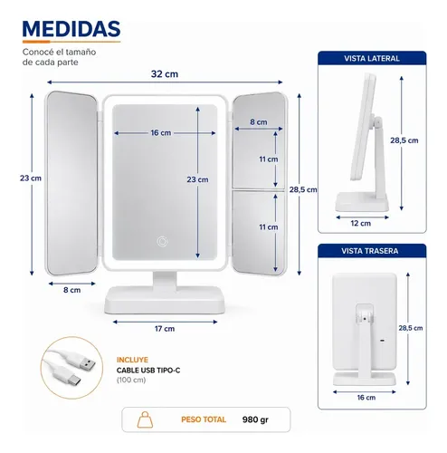 Espejo De Maquillaje Con Luz Led Táctil Blanco Con Aumento