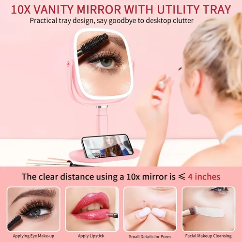 Espejo De Maquillaje Vanmirr Con Luz 10x Ajustable Rosa