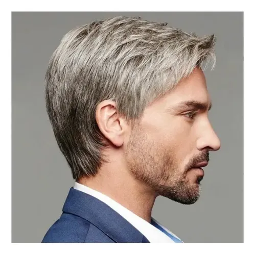 ,, Peluca De Hombre Jf Con Cabello Liso Castaño Y Gris @az