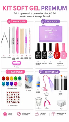 Kit Profesional Completo Uñas Soft Gel Uv Led X57 Piezas