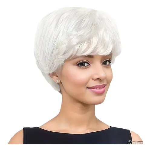 Peluca Corta Blanca Para Mujer Con Gorra Completa De Fibra R White
