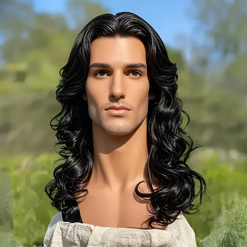 Peluca Sintética Holgada Para Hombre, Rizada, Negra Natural