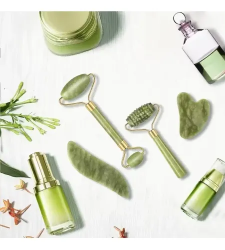 Set De 4 Rodillos Faciales Y Gua Sha, Facial Con Piedras Nat