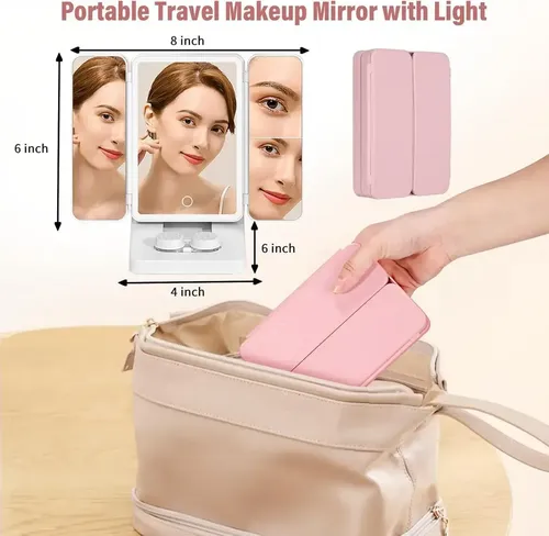 Espejo P/ Maquillaje C/ Porta Lentillas Led 3 Modos Usb Recargable Luz Ajustable Tocador Cosmética Portátil Diseño Moderno