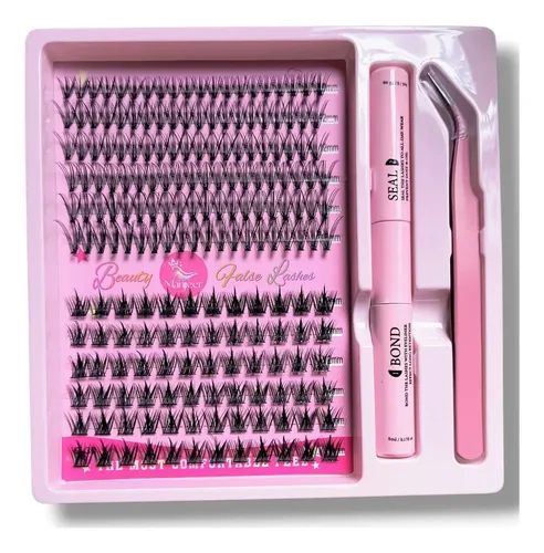 Kit Extensiones De Pestañas Cluster Bond Seal Y Pinza 20p + Cy D Largos Mix