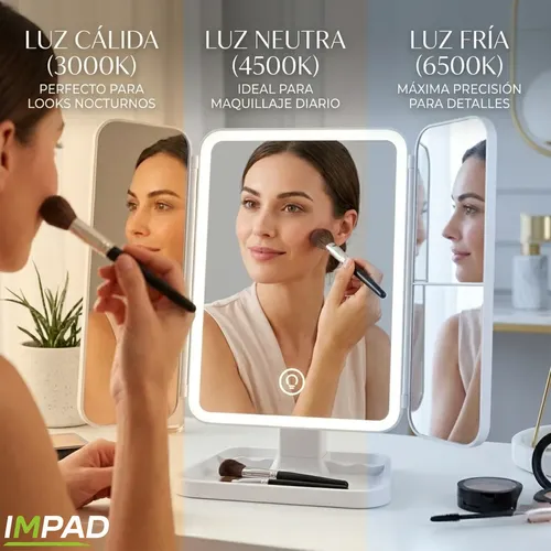 Espejo Maquillaje Led Tactil Triple Aumento Recargable Impad