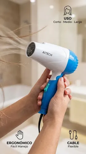 Secador De Cabello Plegable Azul Aitech Portatil Aire Frio Caliente Cuidado Personal Viaje Hogar Belleza Peluqueria Profesional Universal Liviano Practico Mango Plegable