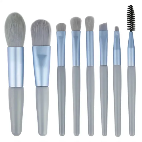 Set Maquillaje Brochas Pinceles X 8 Unid En Estuche Color Celeste