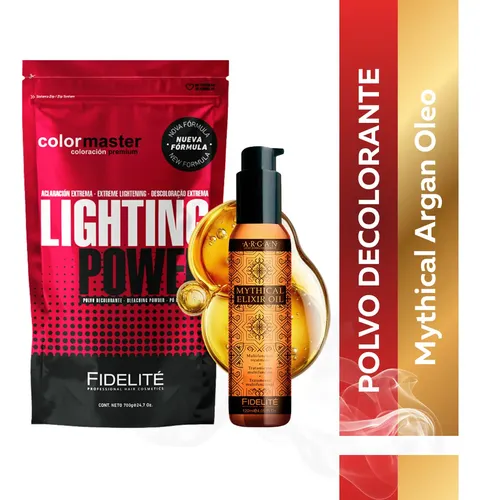 Kit Polvo Decolorante Color Master Fidelite 700gr Super Aclarante Hasta 7 Tonos White + Serum Oleo Extraordinario Mythical Argan 120ml Anti Frizz Reparador Puntas Brillo Supremo Pelo Protector Termico
