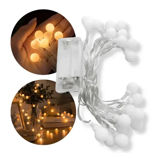 Guirnalda Luces LED Decorativas A Pilas 20 Bolitas Blancas Luz Cálida 3mtrs Dormitorio Living Fiesta Navidad Habitación Espejo Mesa Decoración Interior
