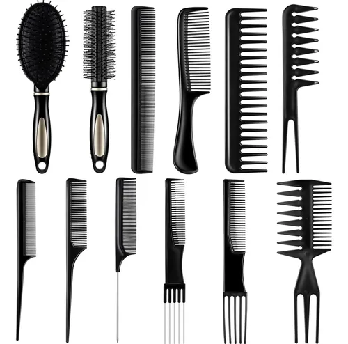 Juego De 12 Piezas De Peines Y Cepillos Para El Cabello Negro.