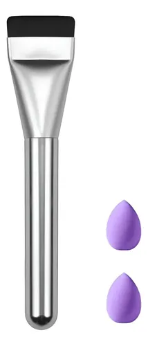 Brocha Plana Para Base De Maquillaje + 2 Esponjas Plateado