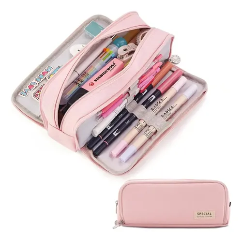 Estuche Organizador Escolar Grande Con 3 Compartimentos Rosa