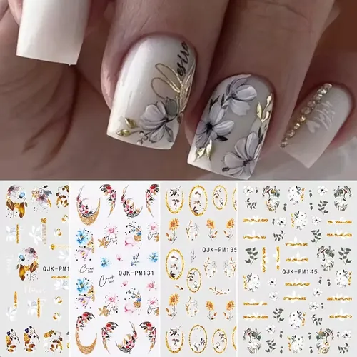4 Hojas Calcomanías Para Uñas Flores Doradas