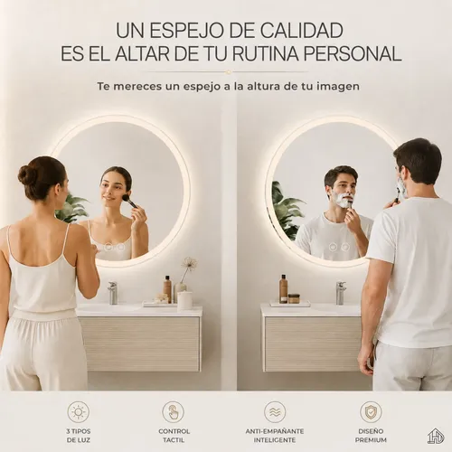 Espejo Redondo Circular Digital Luz Led Desempañador 60cm