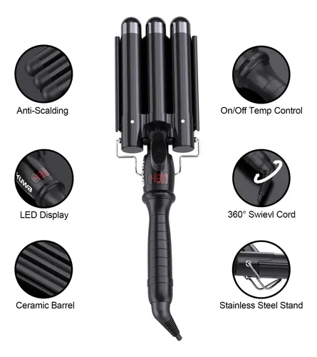 Rizador De 3 Barriles Kuwa 2,5cm Lcd Negro, Doble Voltaje