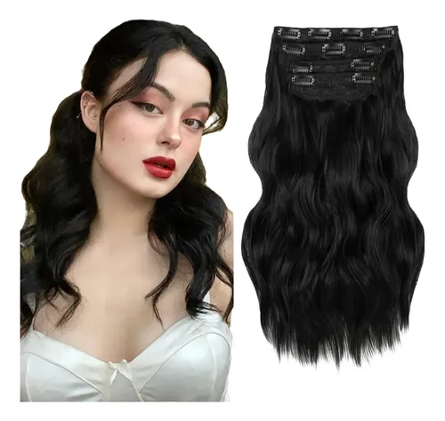 Extensiones De Cabello Ondeado 40cm 4piezas C/ Clips Negro