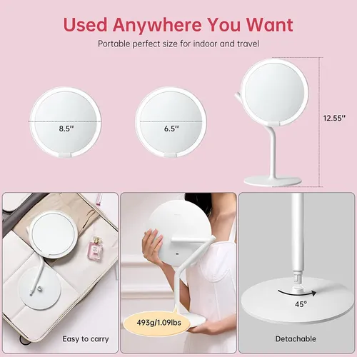 Espejo De Maquillaje Amiro Recargable Con Luz Led De 20 Cm Y
