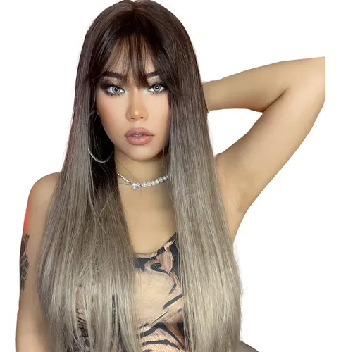 Peluca Larga Negra De Cabello Humano Con Flequillo Y Gorro D