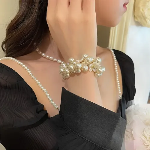 3pcs Set Anillo Cabello Perlas Elástico Clip San Valentín