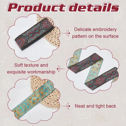 1 Roll De Cinta De Poliéster Con Diseño Floral Estilo Nacion Black With Red And Turquoise Accents Floral / Jacquard Medallion