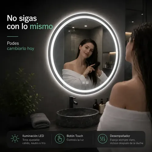 Espejo Led 70 Touch Redondo Esmerilado Desempañante Baños