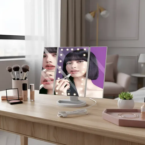Espejo Tríptico Con Luz Led Y Aumento Para Maquillaje F