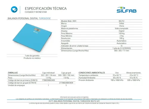 Balanza Digital Silfab Base Vidrio Templado 150kg Be212