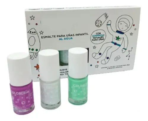 Set De Esmaltes X3 + Tatuajes Lavables Infantil Color Verde Agua, Lila Y Brillo Glitter