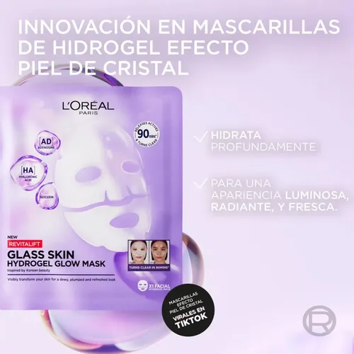L’Oréal Paris Revitalift Glass Skin Mascarilla Hidrogel 1 pza EFECTO GLOW EN 90 MIN, Hidratación Profunda con Centella Asiática y Ácido Hialurónico. Para todo tipo de piel/ piel mixta a grasa