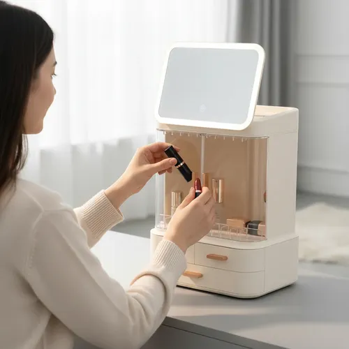 Organizador Maquillajes Cosmeticos C/ Espejo Luz Led Usb Acr Crema