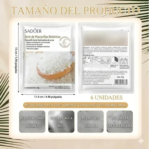 Pack X6 Mascarilla Facial Sadoer Arroz Aclarante Hidratante Todo Tipo De Piel