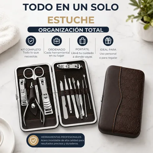 Set Manicure Estuche 12 Piezas Acero Inoxidable Cuidado Uñas