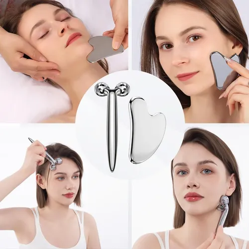 Set Masajeador Facial Infiniterelax Rodillo Y Gua Sha Plata