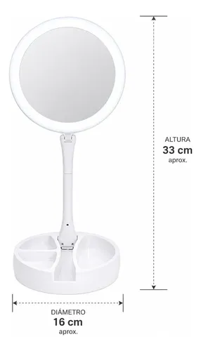 Espejo De Aumento Led Plegable Con Luz Y Organizador