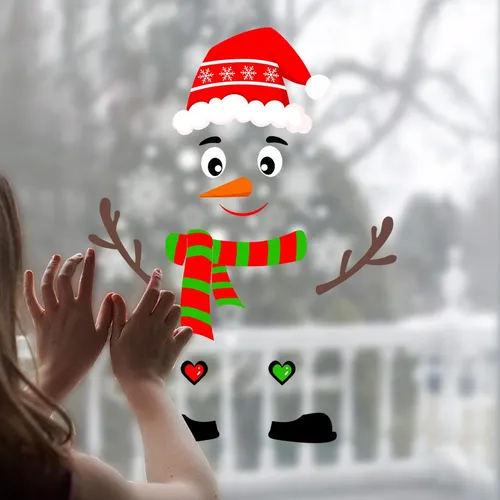 Sticker Navideño Muñeco De Nieve Gorra Santa Vidrio