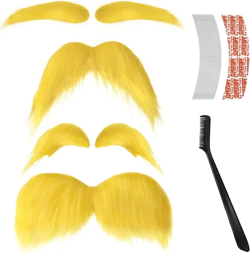 Set Bigote Y Cejas Amarillos Adhesivos Con Peine